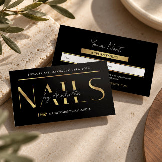 Cartão De Horário Moderno Glam Preto & Dourado Manicure Chic Salão d