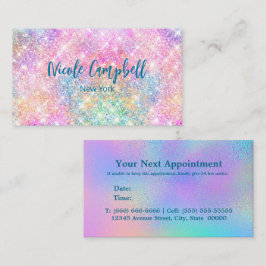 Cartão De Horário Monograma cintilante branco iridescente, cor-de-ro