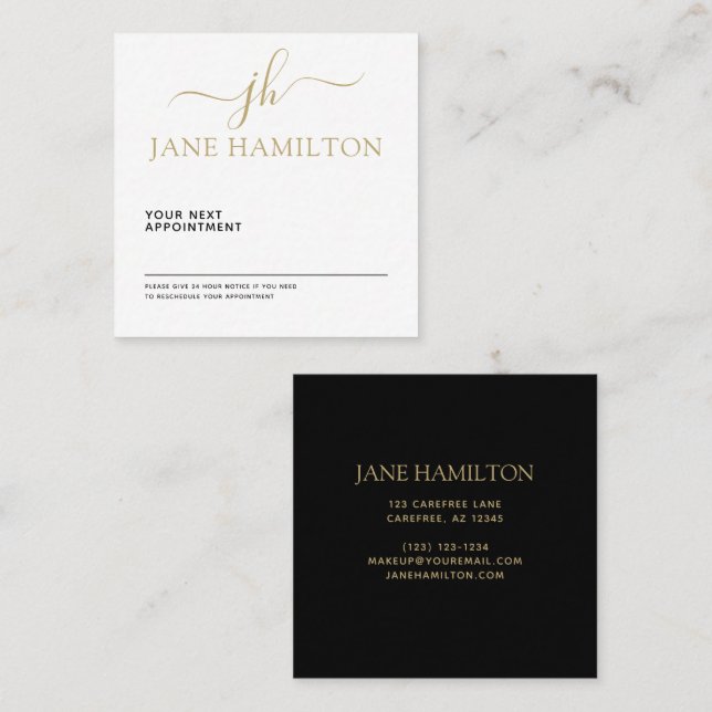 Cartão De Horário Monograma Elegante Preto e Dourado Inicial (Frente/Verso)