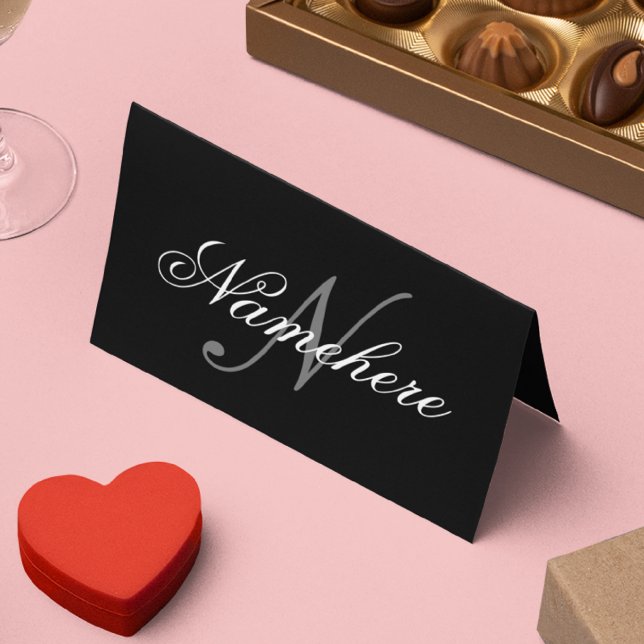 Cartão De Horário Monograma Personalizado Único de Nomes Preto e Bra (Criador carregado)