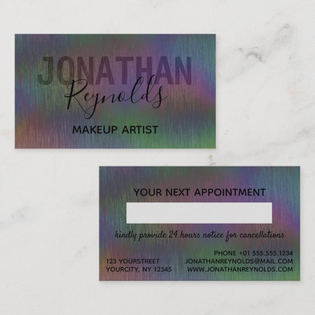 Cartão De Horário Nome A do Script Holográfico Iridescente de Metal  (Frente/Verso)