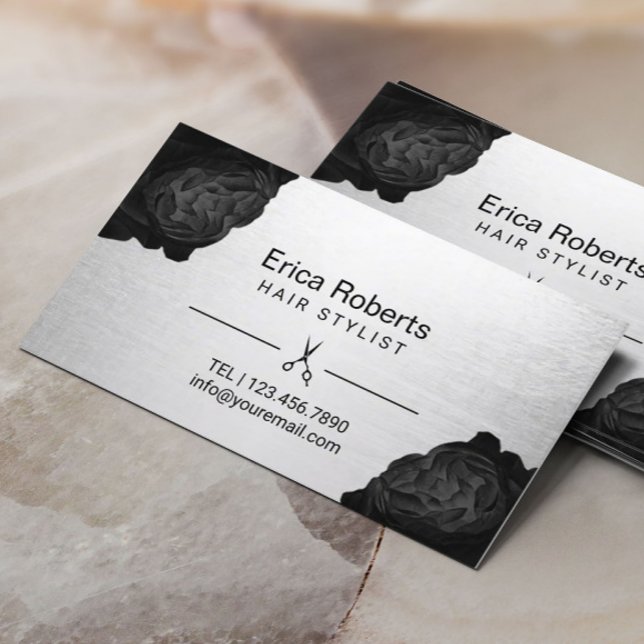 Cartão De Horário Nomeação de prata floral preta chique do (Criador carregado)