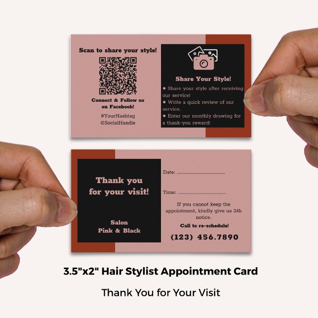 Cartão De Horário Obrigados Vermelhos Pretos, Rosa, Salão de Cabelo, (Hair Salon Pink Black Red Thanks, Social Connect & Appointment Card; Standard Size: 3.5x2 Inch)