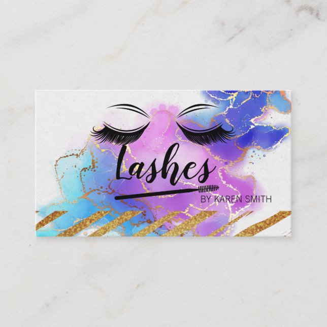 Cartão De Horário Olhos Lashes | Fundo de folhas de ouro artístico (Frente)