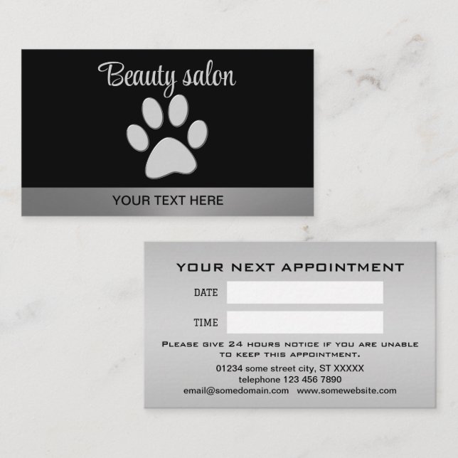 Cartão De Horário Pata de Cachorro de Prata sobre fundo preto (Frente/Verso)