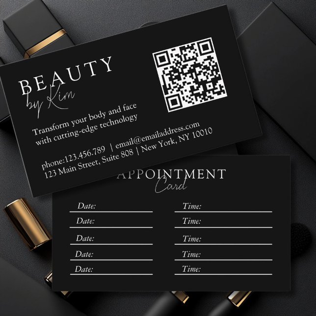 Cartão De Horário Preto e branco, mínimo, elegante, salão, código QR (Black & White, Minimal, Elegant, Salon, QR-Code Appointment Card)
