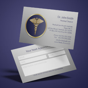 Cartão De Horário Profissional Azul Médico Ouro Caduceu Lembrete