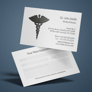 Cartão De Horário Profissional Caduceu Simples Preto Médico Branco
