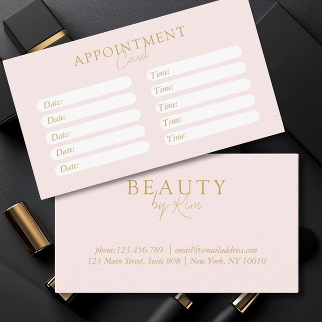 Cartão De Horário Rosa e Beige Dourado, Mínimo, Elegante, Salão (Pink & Beige-Gold, Minimal, Elegant, Salon, Trendy Appointment Card)