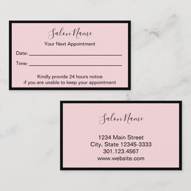 Cartão De Horário Sua Próxima Nomeação Bela Salão Rosa Pálido Preto (Frente/Verso)