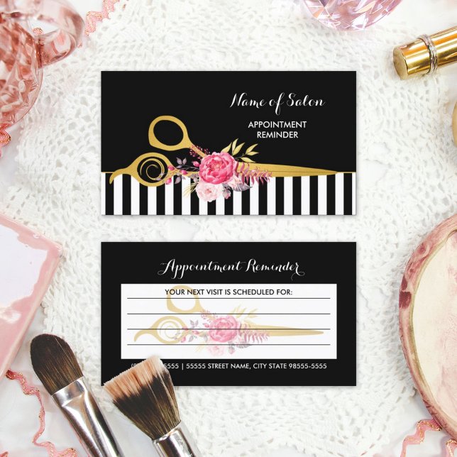 Cartão De Horário Tesoura Dourada Faux Nomeação de Cabelo Floral Ros (Faux Gold Scissors Pink Floral Hair Appointment Business Cards)