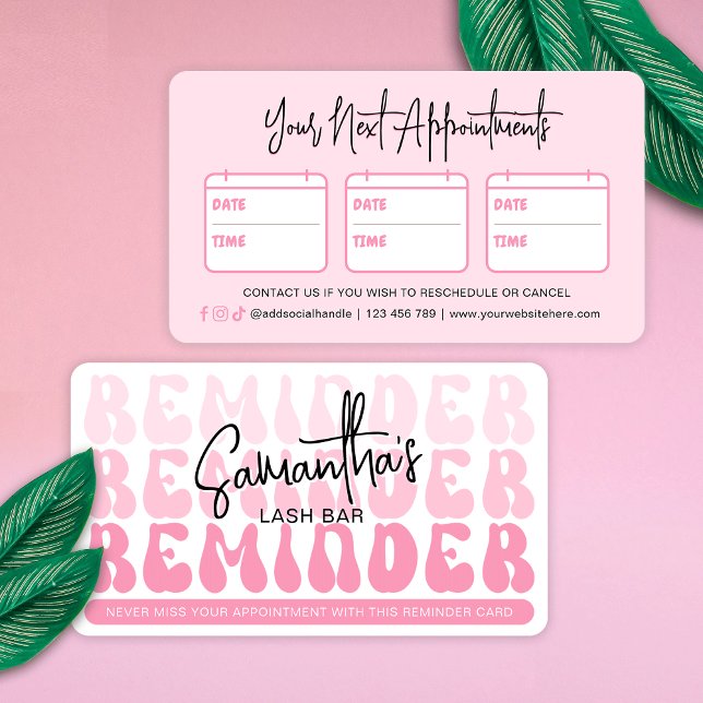 Cartão De Horário Trendy Pink Retro Cosmetologista Beauty Salon Spa (Trendy pink appointment reminder card featuring retro fonts and feminine pink aesthetic)