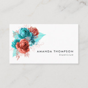 Cartão De Horário Turquesa e Coral Watercolor Floral