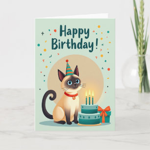 Cartão de Ilustração de Gato de Aniversário Fofo