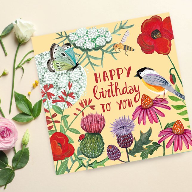 Cartão de Ilustração do Jardim Flor Silvestre de A (Happy Birthday Wildflower Garden Illustration Card)