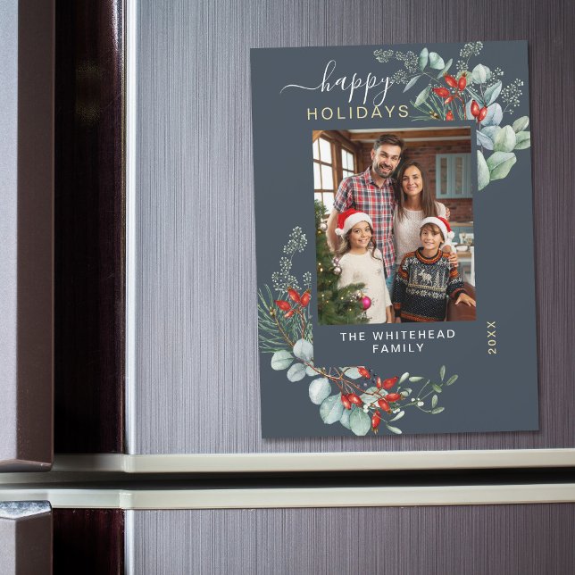 Cartão de Imã Azul Azul de Aquarela (You will love these beautiful Christmas cards! They feature botanical watercolor pine and berries.)