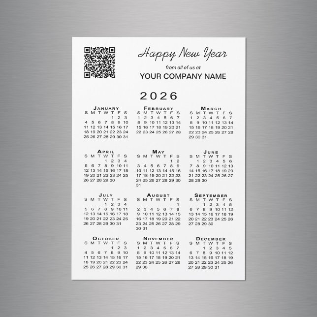 Cartão de Ímã de Feriado Comercial do Código QR Ca (2026 Calendar QR Code Business Holiday Magnet Card in situ)