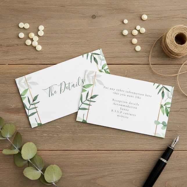 Cartão de inclusão de detalhes de casamento de fol (Green leaves "the details" wedding enclosure card.)