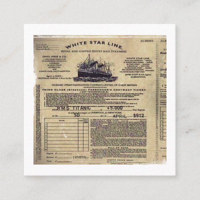 Cartão De Indicação Bilhete para RMS Titanic 1912 (Frente)