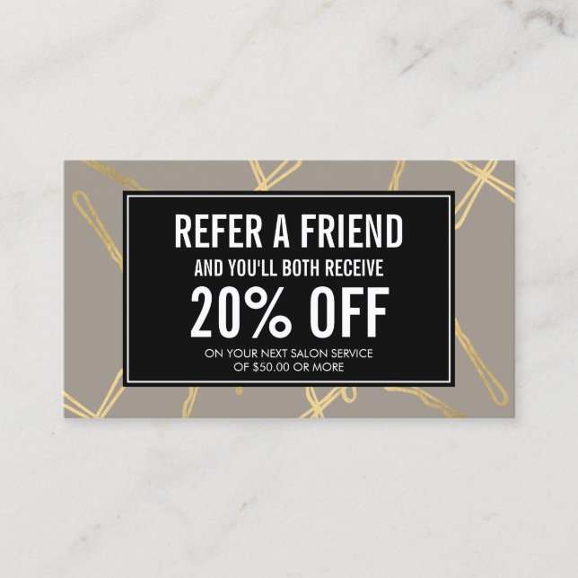 Cartão De Indicação Chic Dourado Bobby Pins Cabelo Salão Cinza Referen (Frente)