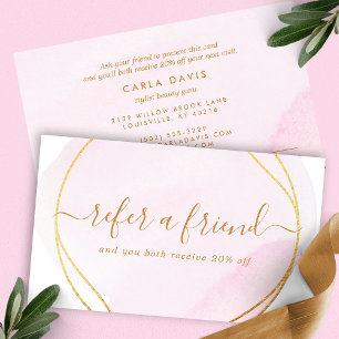 Cartão De Indicação Círculo Dourado Moderno com Aquarela Rosa