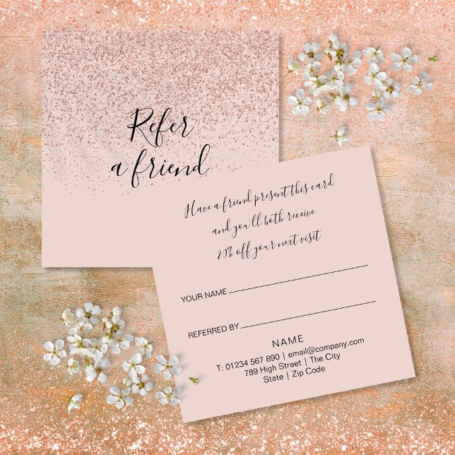 Cartão De Indicação Cliente Glitter Dourado de Rosa de Script Moderno  (Elegant Modern Script Rose Gold Glitter Customer Referral Card)