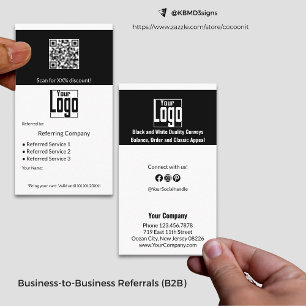 Cartão De Indicação Código QR B2B de serviços mínimos em preto e branc
