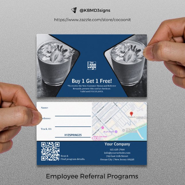 Cartão De Indicação Comprar 1 Obtenha 1 Prêmio Gratuito de Funcionário (Buy 1 Get 1 Free Blue White Black Employee Reward Referral Card)