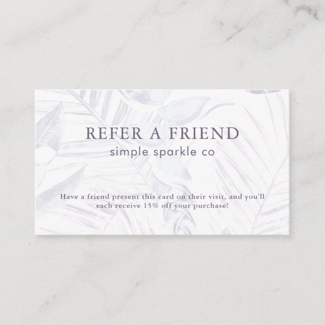 Cartão De Indicação Delicate Plum e Impressão de Folha de Palma Branca (Frente)