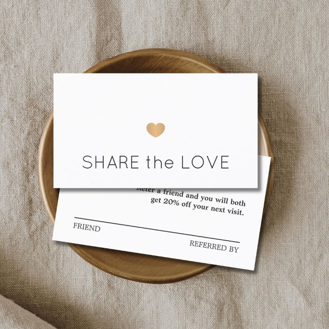 Cartão De Indicação Dourado Coração Branco preto-Elegante simples (Criador carregado)