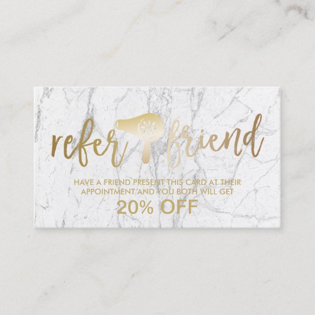 Cartão De Indicação Dourado secador de cabelo moderno Marble Salon Ref (Frente)
