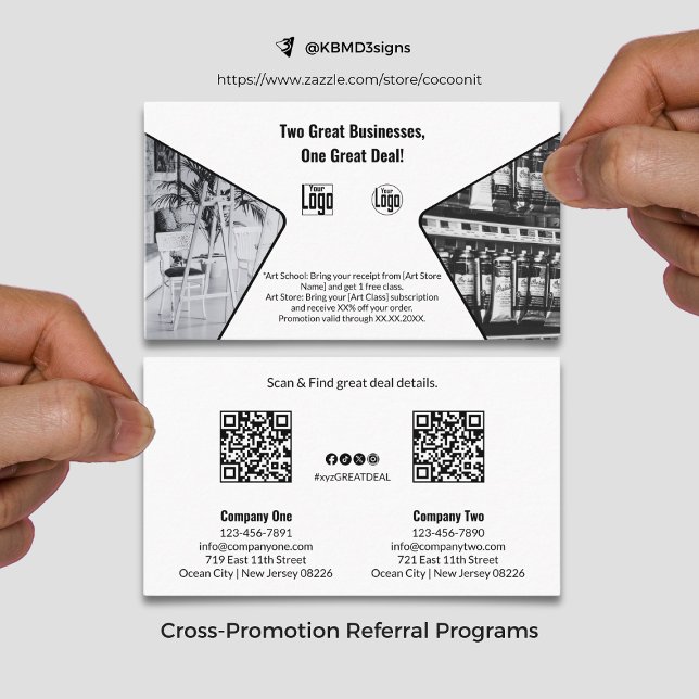Cartão De Indicação Duas empresas de Excelente, uma de preto e branco  (Two Great Businesses, One Co-Branded Black & White Referral Card, Cross Promotion)