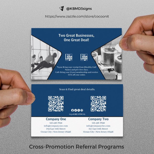 Cartão De Indicação Duas empresas de Excelente, uma Excelente azul com (Two Great Businesses, One Great Co-Branded Blue Referral Card Business Collaboration Cross Promotion)