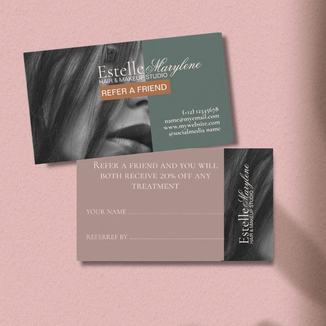 Cartão De Indicação Elegante moderno Green Brown Photo Hair Studio (Criador carregado)