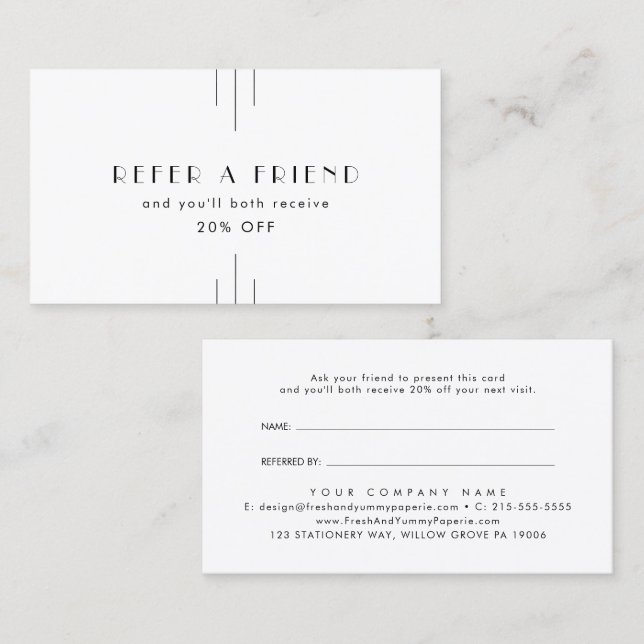 Cartão De Indicação EVERLY Art Deco White Black Refer A Friend (Frente/Verso)