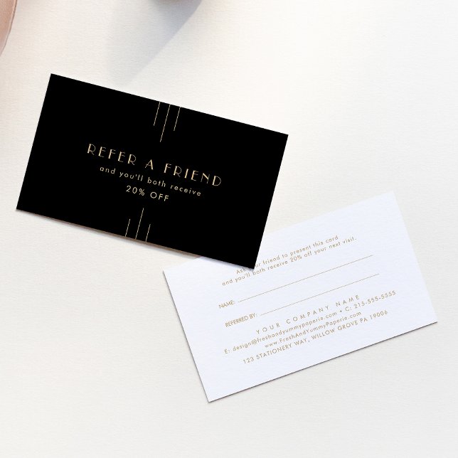 Cartão De Indicação EVERLY Elegant Art Deco Black Gold Refer A Friend (EVERLY Elegant Art Deco Black Gold Refer A Friend Referral Card)