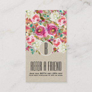 Cartão De Indicação Flor Monograma Rústico Kraft Chic Despojado Elegan