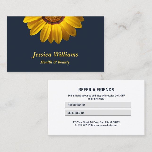 Cartão De Indicação Flores amarelas sobre fundo azul Marinho Monograma (Frente/Verso)