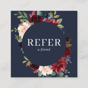 Cartão De Indicação Flores Azuis Borgonhas Marinhos Elegantes