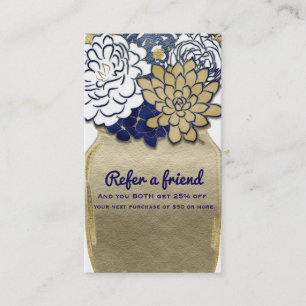 Cartão De Indicação Flores em Pote de Pedra Rústico Dourado Azul Indiq