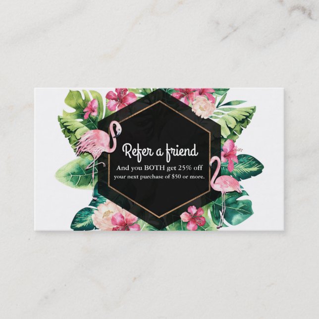 Cartão De Indicação Folhas Tropicais Hibiscus Flamingos Indique um Ami (Frente)