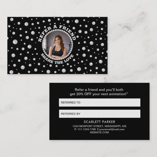 Cartão De Indicação Foto Personalizada com Círculo de Pérolas em Preto (Frente/Verso)