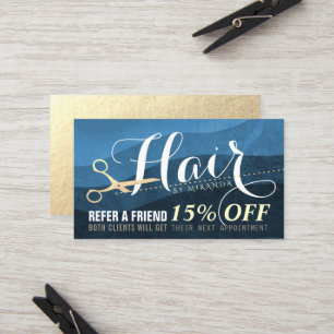 Cartão De Indicação Hairstylist Hairdresser Blue Dourado Tesoura Refer