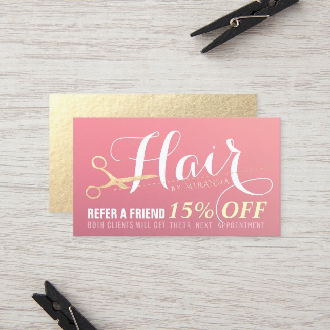 Cartão De Indicação Hairstylist Makeup Salon Modern Pink Tesoura Doura (Frente/Verso In Situ)