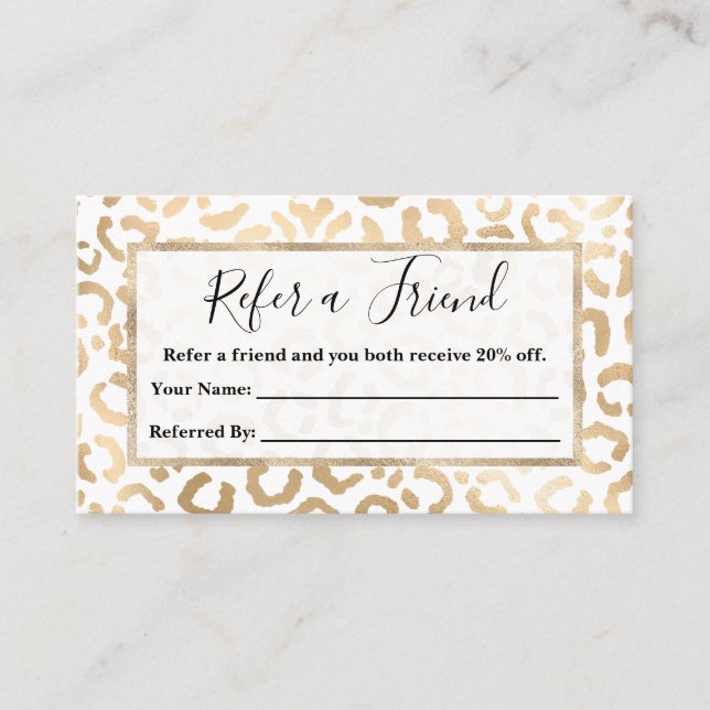Cartão De Indicação Impressão Animal Leopardo Branco Dourado Elegante  (Frente)