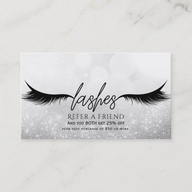 Cartão De Indicação Lashes Eyelashes Extensions Silver Refira um Amigo (Frente)