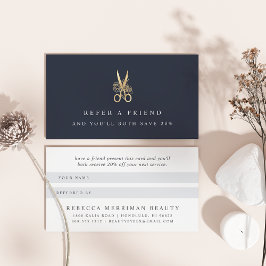Cartão De Indicação Logotipo de Tesoura Floral Dourada e marinho | Sal