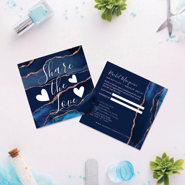 Cartão De Indicação Marinho Azul Rosa Dourado Agate Marble (Criador carregado)