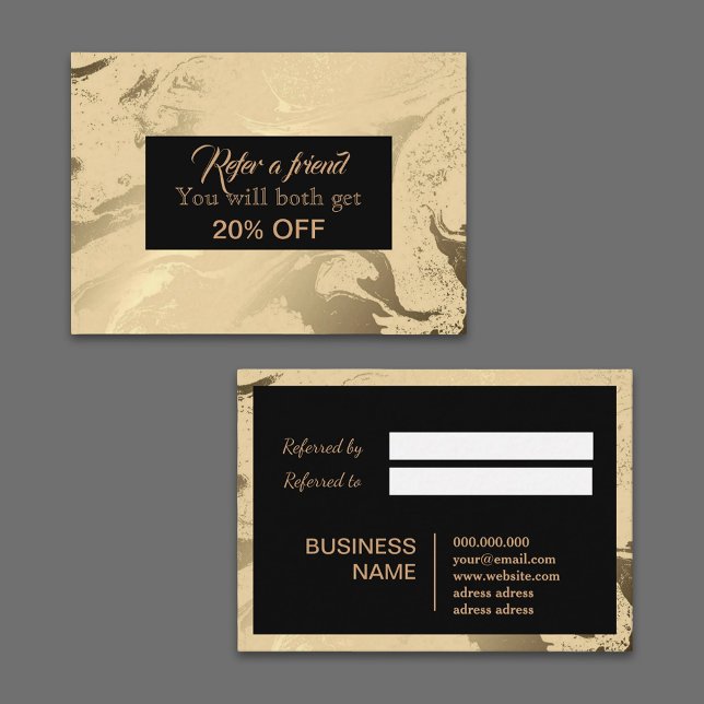 Cartão De Indicação Mármore preto e ouro de luxo e leguminoso (Luxury and Elegant marble black and gold Referral Card)