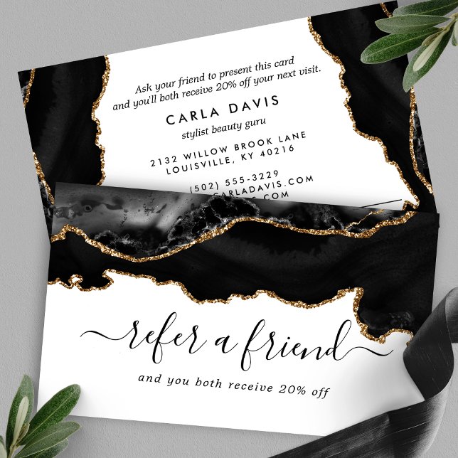 Cartão De Indicação Mármore Preto Elegante Ágata Dourado Moderno (Criador carregado)